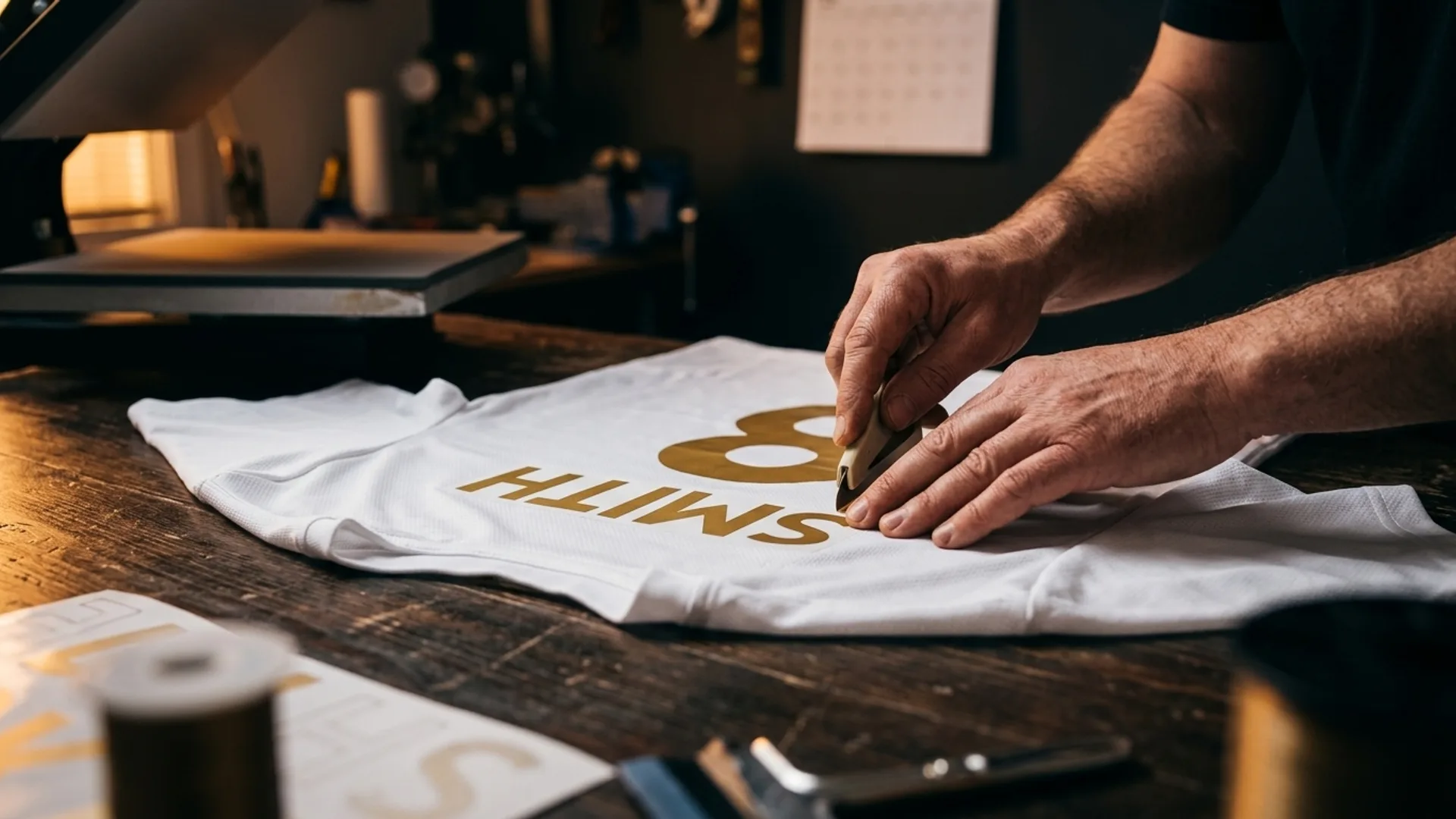 Hands pressing a printed name onto football shirt fabric on a dark worktable