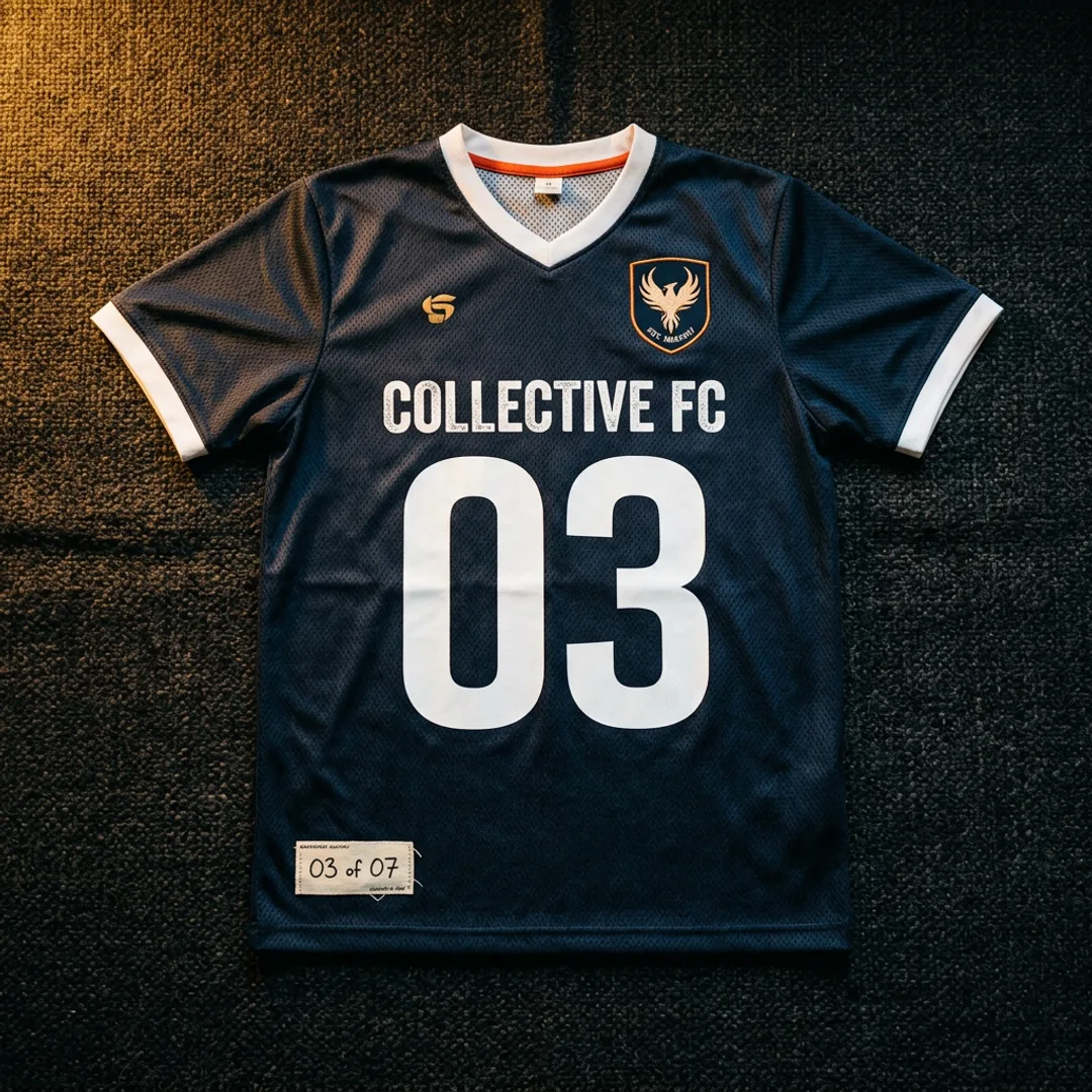 Numbered collector edition football shirt flat-lay with amber accent lighting