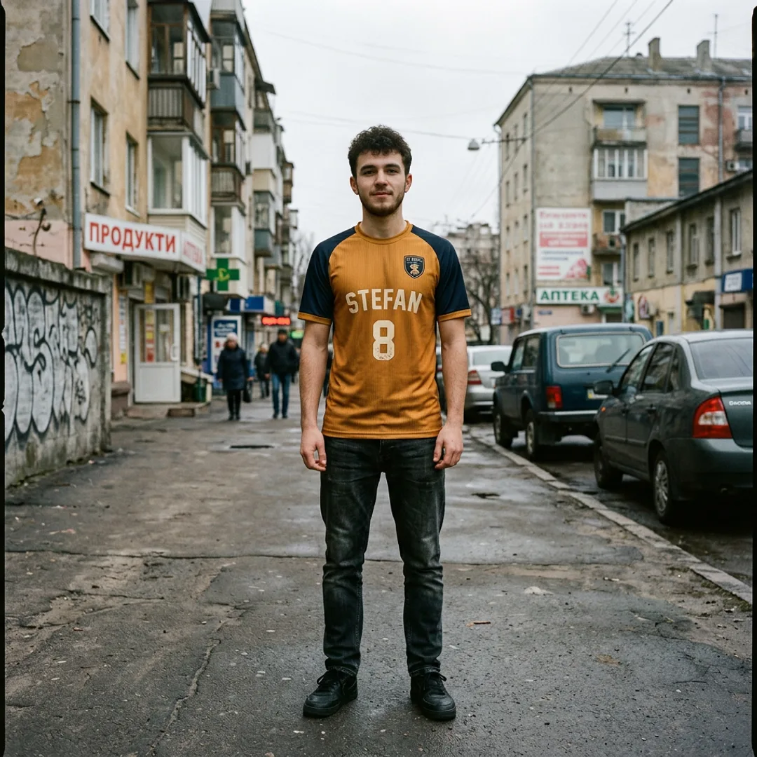 Young man wearing a custom football shirt in amber-gold and dark navy on a city street