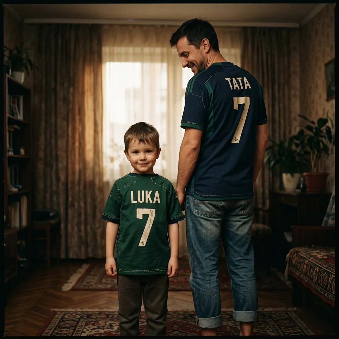 Child wearing a custom mini football shirt standing with parent