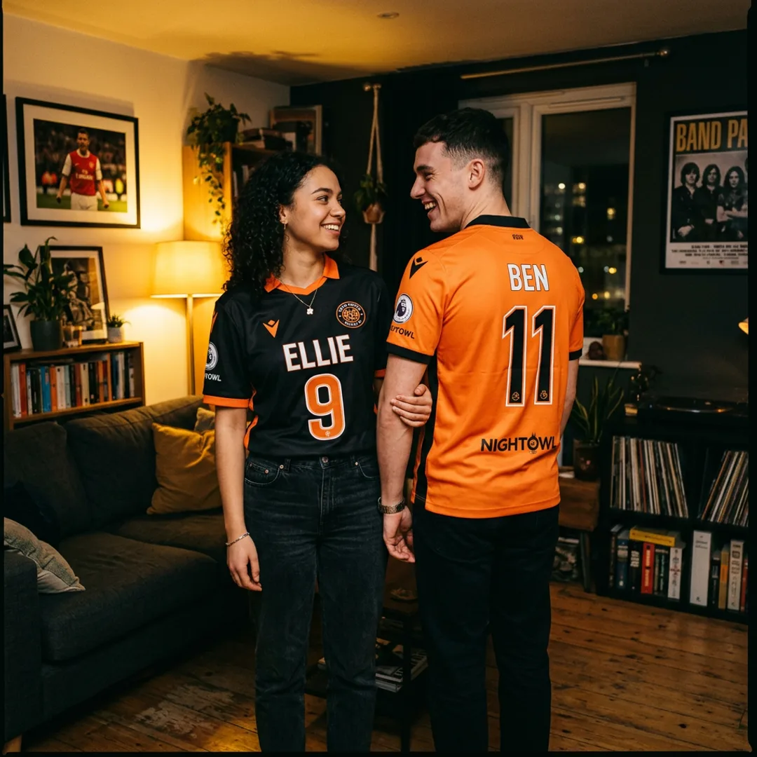 Two people wearing matching custom football shirts